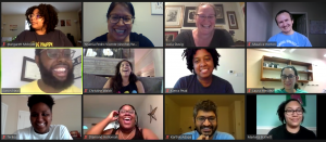 A Zoom screenshot with 12 students smiling and laughing