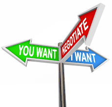 white background with three signs pointing in different directions, with text: "you want" "negotiate", and "I want"